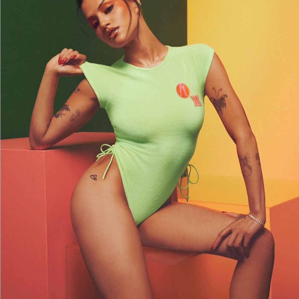 Savage X Fenty 70S RUCHED TERRY THONG TEDDY Bodysuit NEW Miami Green Medium
